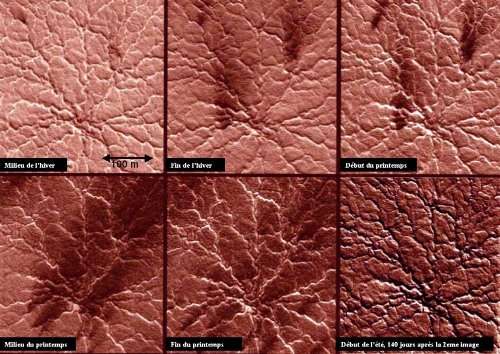 Calotte polaire Sud de Mars : montage de 6 photos du même site au cours du printemps
