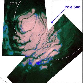 Calotte résiduelle du pôle Sud de Mars obtenue à partir d' images Infra-Rouge du spectro-imageur OMEGA de Mars Express