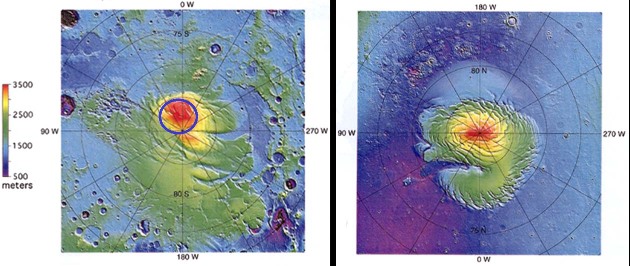 Carte topographique comparée à la même échelle des pôles Nord et Sud de Mars