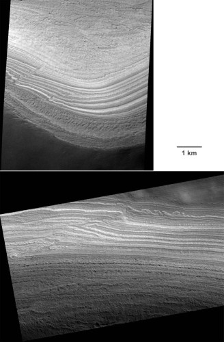 Deux des rares exemples de déformations affectant les terrains polaires lités de la calotte permanente masquée Sud de Mars