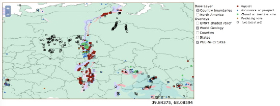 Capture d'écran de la répartition des gisements actuels de Ni-Cr-PGE dans l'Oural
