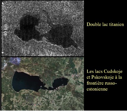 Deux lacs en connexion sur Titan, comparaison avec les lacs terrestres de Cudskoje - Pskovkoje