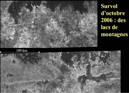 Deux images de lacs de Titan en région montagneuse