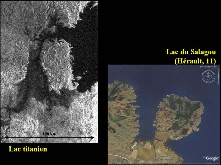 Lacs à côtes très découpées sut Titan et sur Terre