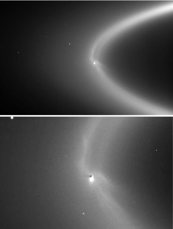 Vue générale (en haut) et détaillée (en bas) de l'interaction entre le panache éruptif d'Encelade et l'anneau E de Saturne