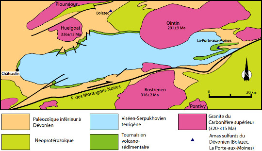 Schéma structural du bassin de Châteaulin avec les ensembles volcano-sédimentaires du Tournaisien sur les bordures du bassin