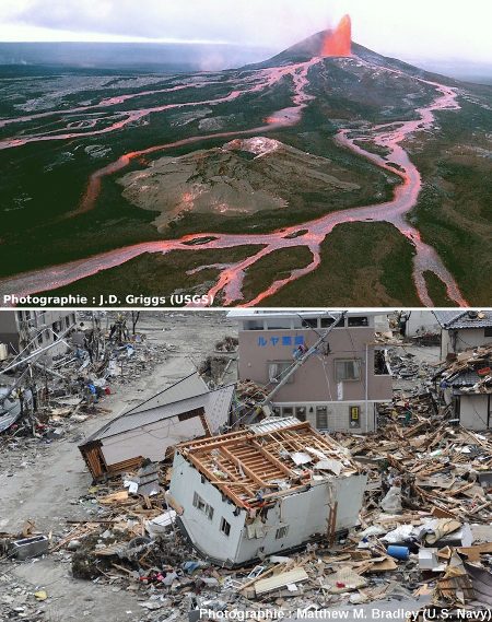 Deux exemples de manifestations spectaculaires mais quantitativement anecdotiques de la production / libération d'énergie par la Terre : l'éruption du Pu'u O'o en 1986, et les dégâts du séisme et du Tsunami japonais de 2011