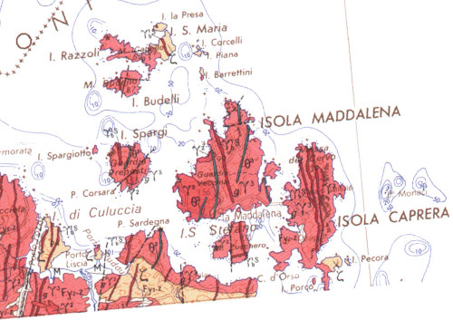 Extrait de la carte géologique de la Corse à 1/250 000 montrant les iles La Maddalena et Caprera