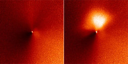 50%Deux photographies, avant (à gauche) et après (à droite) éruption, de Temple 1 prises le 14 juin 2004 à 7h d'intervalle par le HTS (Hubble Space Telescope)