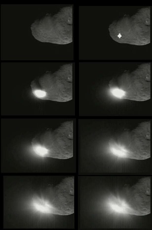 Huit images de l'impact sur Temple 1 du projectile de 300 kg, vu par la sonde Deep Impact