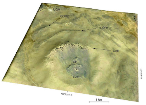 Scène 3D de la structure circulaire de Uneged Uul (Mongolie) avec une image satellite SPOT