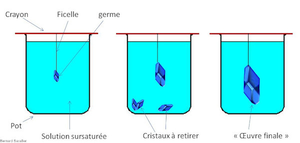 Étapes principales de la croissance contrôlée d'un cristal de sulfate de cuivre