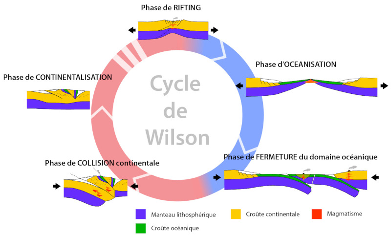 Schéma conceptuel simplifié du cycle de Wilson, et coupes lithosphériques simplifiées des différentes phases tectoniques correspondantes