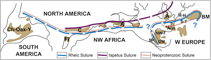 Localisation géographique des zones de suture des océans Iapétus et Rhéique au Sud du continent Nord-américain reportées sur une reconstruction de la région Atlantique Nord au Mésozoïque inférieur