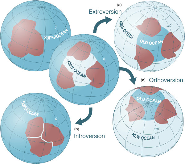 Illustration schématique des 3 modèles de cycles supercontinentaux : extroversion, introversion et orthoversion