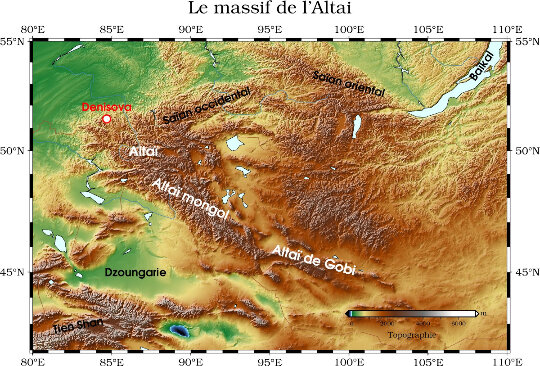 Carte de la Sibérie centrale montrant l'extension des monts Altaï et les reliefs avoisinants, ainsi que la position de la grotte de Denisova