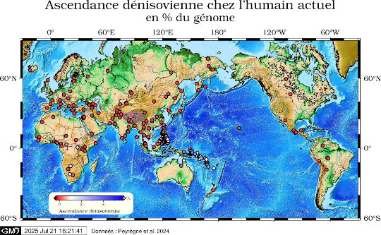 Distribution géographique de l'ascendance dénisovienne dans le génome des humains actuels, exprimée en pourcentages du génome (max. 5,6 %)