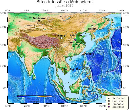 Positions cartographiques des fossiles formellement ou putativement attribués à des dénisoviens en 2025