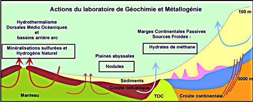 Localisation théorique et schématique des environnements dans lesquels ont été menées les actions du laboratoire de Géochimie et Métallogénie de l'Ifremer au cours des années 2009-2010
