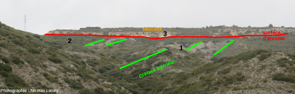 Point de vue interprété sur le plateau de Sèze subhorizontal (Miocène) reposant des couches redressées (pendage 40° Nord-Ouest) du Crétacé inférieur de la Chaine des Costes (Bouches-du-Rhône)
