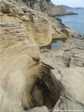 Érosion en « marmite de géants » dans la dune fossile de la Pointe du Tuf, Sud-est de l'île de Port-Cros, Var