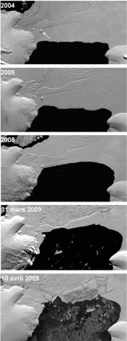 Plate-forme Wilkins (Antarctique) : évolution du pont de glace entre 2004 et avril 2009