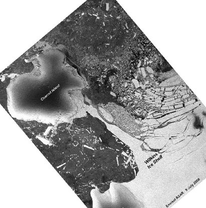 Plate-forme Wilkins (Antarctique) : image radar (ENVISAT) montrant l'état du pont de glace en juillet 2008