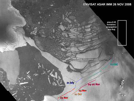Plate-forme Wilkins (Antarctique) : image ENVISAT prise en novembre 2008