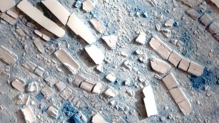 Plate-forme Wilkins (Antarctique) : image satellitale "haute résolution" du champ d'icebergs issus de la quasi-rupture de mars 2008