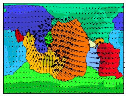 Les vitesses des 12 grandes plaques tectoniques (carte en projection cylindrique)