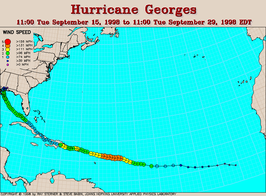 Course du cyclone du 15 au 29 septembre 1998.