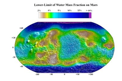 Carte indiquant la pourcentage minimal d'eau (moyenne annuelle) dans le premier mètre du sous-sol de Mars