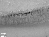 Exemples de ravines s'initiant à partir d'une couche spécifique située à environ 100 m de la surface de Mars