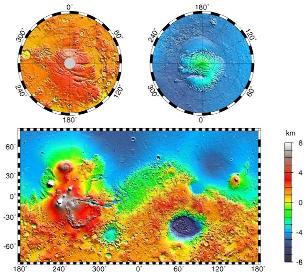 Carte topographique de Mars obtenue par l'altimètre laser MOLA de Mars Global Surveyor