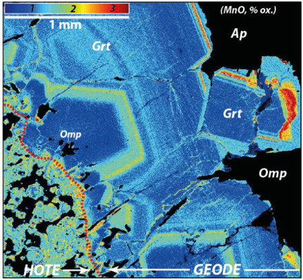 Cartographie chimique du contact entre l'hôte éclogitique et la géode, réalisé en rayons-X à la sonde électronique illustrant le contenu en manganèse du grenat