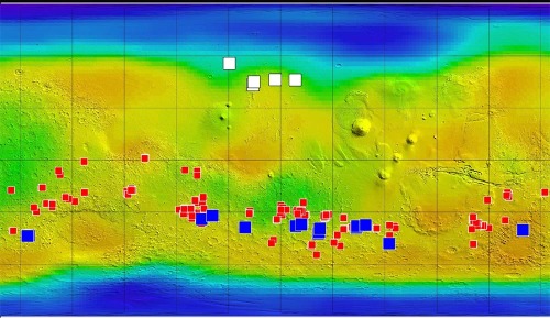 Planisphère de Mars localisant écoulements sombres, chlorures et traces de glace fraîche