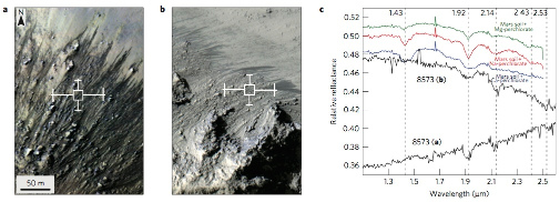 Deux spectres CRISM obtenus sur des RSL du cratère Horowitz