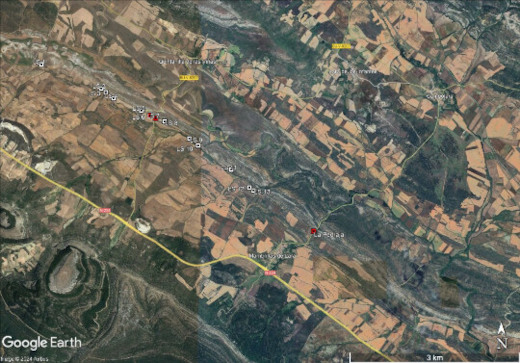 Localisation des 14 affleurements du Crétacé inférieur du mégasite de Las Sereas - La Pedraja