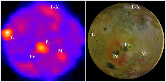 Image Infra Rouge (à gauche) et en lumière visible (à droite) montrant la très haute température de certains volcans de Io