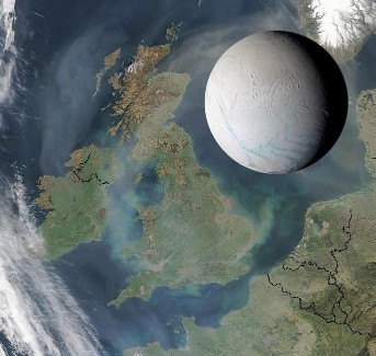 Taille comparée d'Encelade et de l'Europe du Nord-Ouest