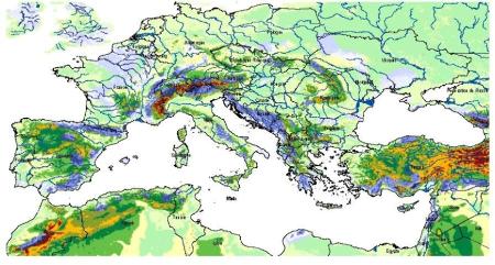 Carte des affleurements des ensembles karstiques (en bleu) autour de la Méditerranée.