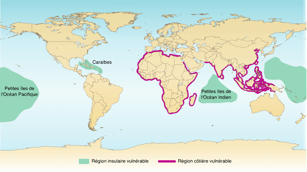 Vulnérabilité schématique des régions du monde au risque d'inondation côtière par suite de l'élévation relative du niveau marin et/ou du réchauffement climatique