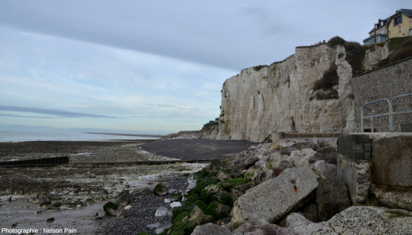 Platier rocheux, cordon de galet et falaise de craie depuis la plage d'Ault