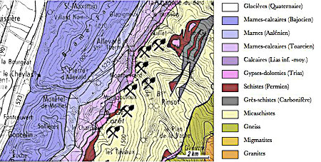 Carte géologique simplifiée du vallon d'Allevard d'après M. Gidon (1977)