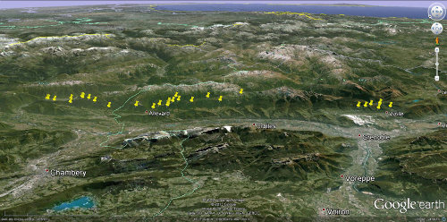 Localisation, en vue oblique, des anciennes mines de fer indiquées sur les cartes géologiques au 1/50.000 entre la vallée de l'Arc (à gauche) et la vallée de la Romanche, région de Vizille (à droite)
