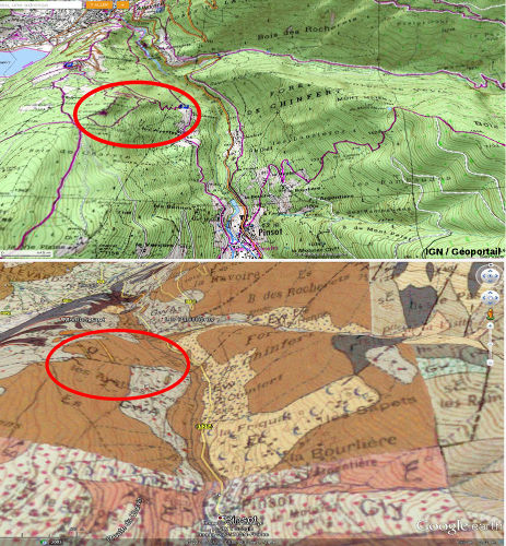 Vues obliques géologique et topographique (BRGM et IGN) montrant l'accès au « sentier du fer »