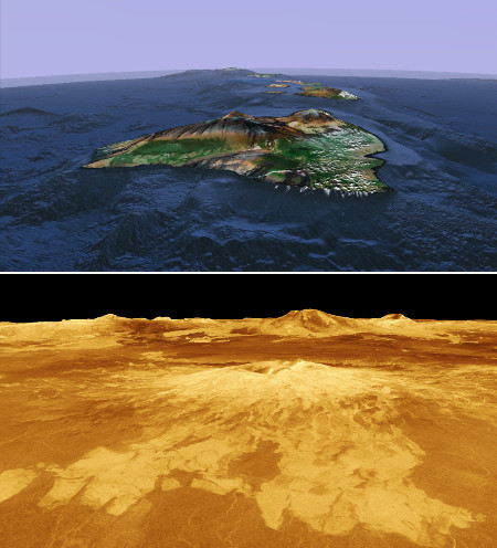 Un point chaud océanique aujourd'hui (Hawaï vue par Google earth) et "demain" (Sapas Mons, un volcan de Vénus vu par la sonde Magellan)