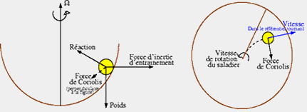 Action des deux types de forces d'inertie : la force d'inertie d'entraînement et la force d'inertie de Coriolis