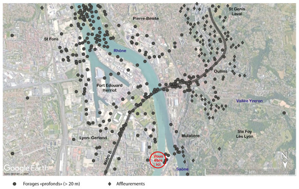 Cartographie des affleurements et forages réalisés dans le secteur étudié au Sud de la confluence Rhône – Saône (Lyon)