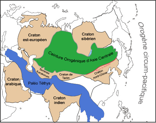 Carte tectonique schématique de la CAOB (Central Asian Orogenic Belt, ceinture orogénique d'Asie centrale)